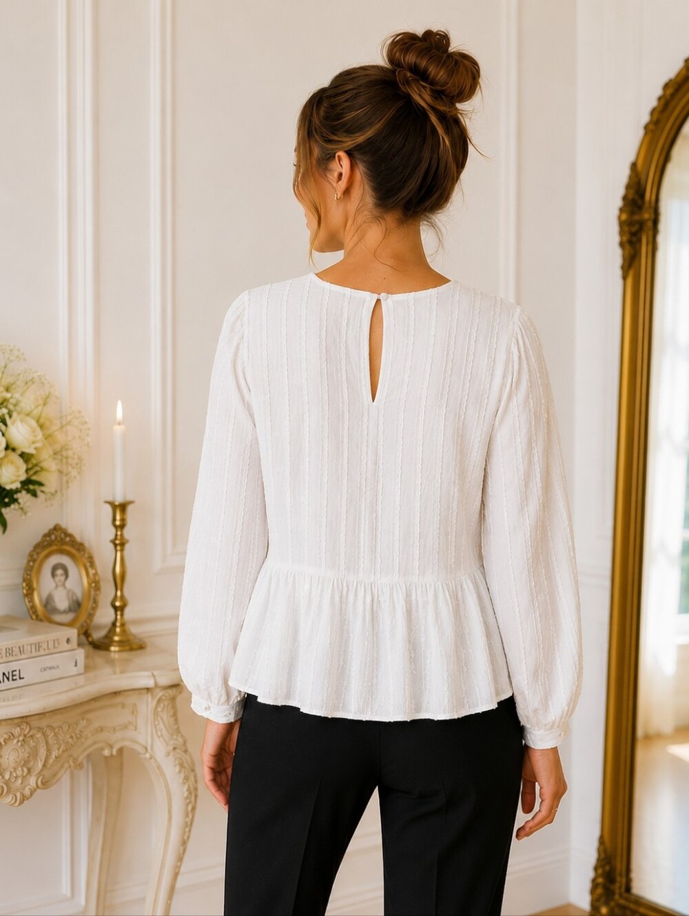 LOFT | Off White Textured Peplum Blouse | Long Sleeve | Size Medium | - Picture 2 of 8